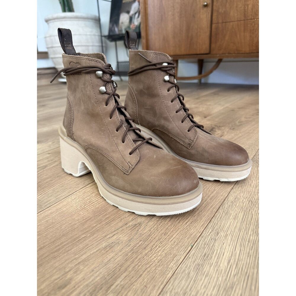 SOREL 7.5 Hi-line heel lace up combat winter weatherproof leather boot brown